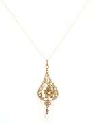 Art Nouveau Seed pearl and diamond teardrop dangle pendant on chain