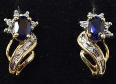 Affectionate 10K Yellow Gold Blue Sapphire Gemstone and Diamond J-hoop Earrings