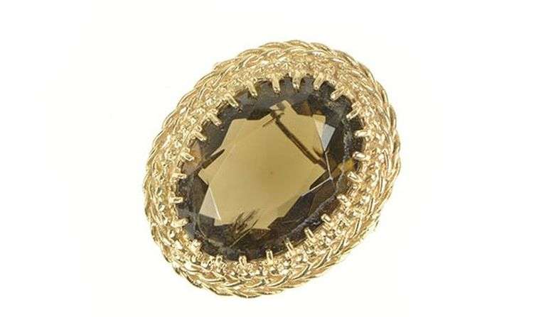 14K Yellow Gold Smoky Quartz Scalloped Filigree Halo Pin/Brooch