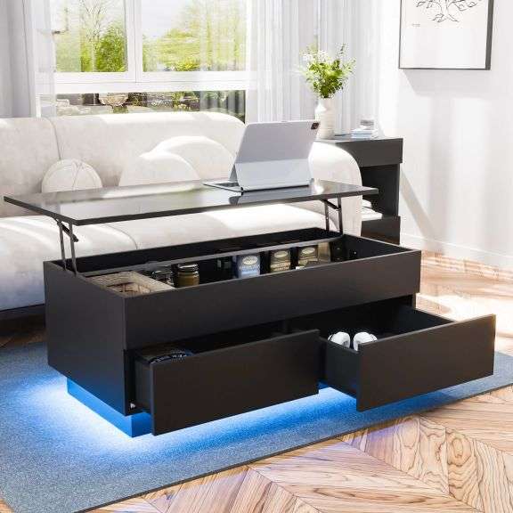 Convertible Lifting Coffee Table with LED Lights High Gloss Surface