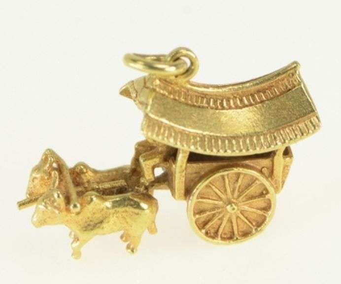 14K Yellow Gold 3D Chinese Cow Cart Vintage Charm/Pendant