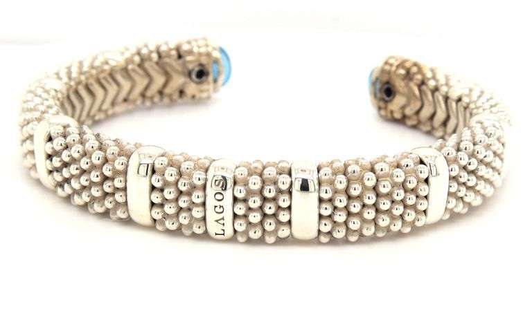 925 Sterling silver Lagos Caviar Blue topaz cuff bracelet