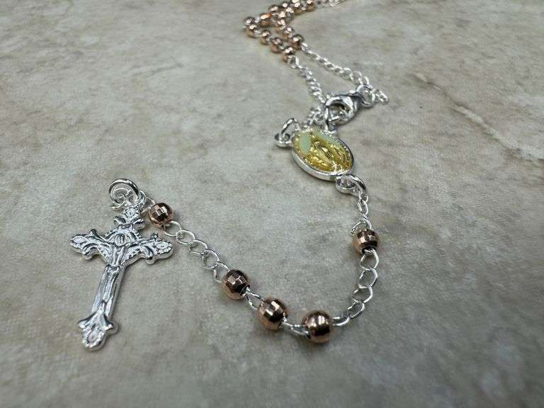 Sterling Silver Bead Chain Gold & Rose Gold Plating Crucifix Rosary Necklace Catholic Jewelry