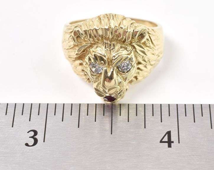 Mighty 14K Yellow Gold Lion Ring with Ruby and Diamond Gemstones