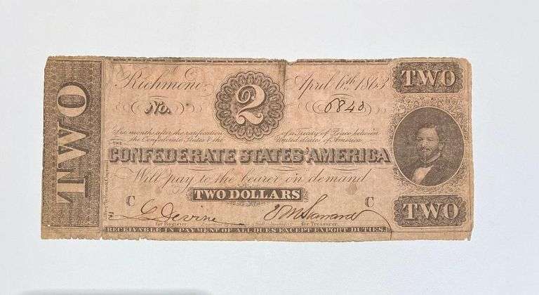1863 T-61 $2 Confederate Note