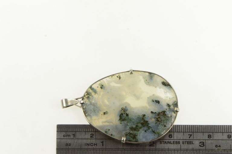 Sterling Silver Oval Moss Agate Palm Stone Bezel Pendant