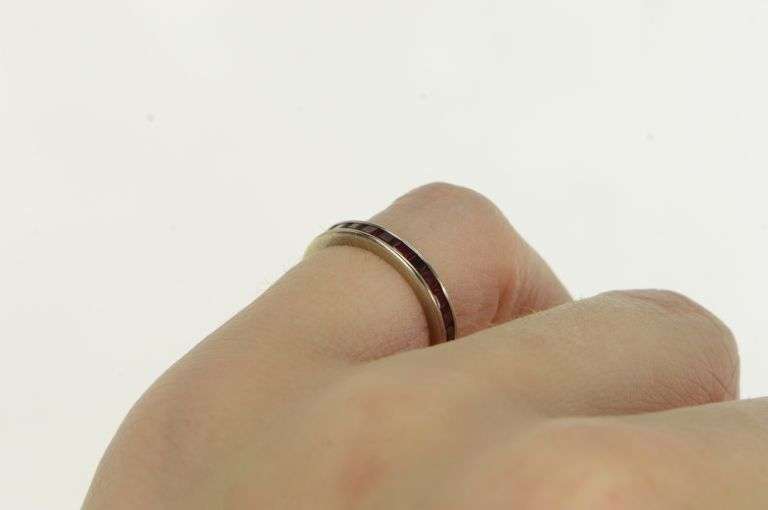 14K White Gold Art Deco Eternity Princess Ruby Wedding Band Ring