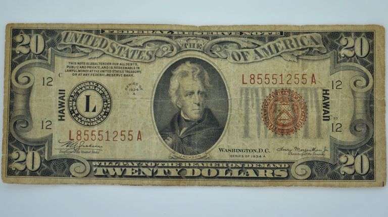 Series 1934 A WW2 Hawaii Emergency Issue $20 Federal Reserve Note, Circulated.