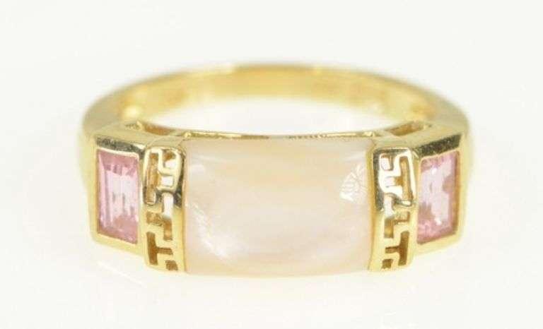 14K Yellow Gold Baguette Pink CZ Mother of Pearl Ring