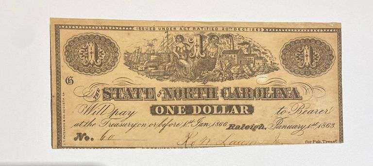 Very Near Unc Jan 1 1863 $1 State of North Carolina Note