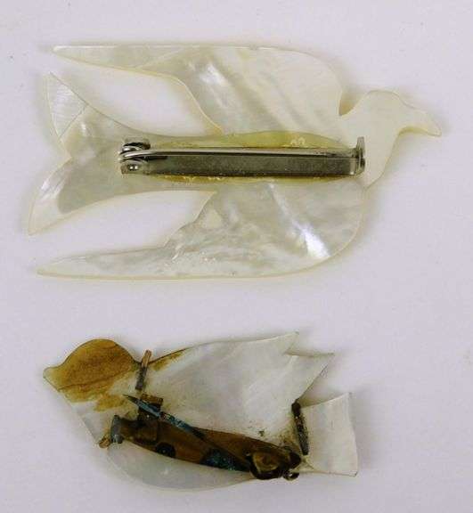 2 Vintage Carved Mother of Pearl Dove Pins