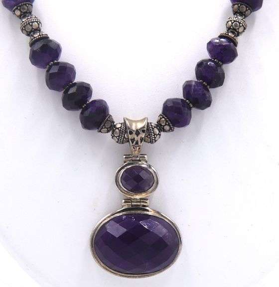 Amethyst and silver Beads necklace with Vintage 925 sterling silver signed amethyst pendant