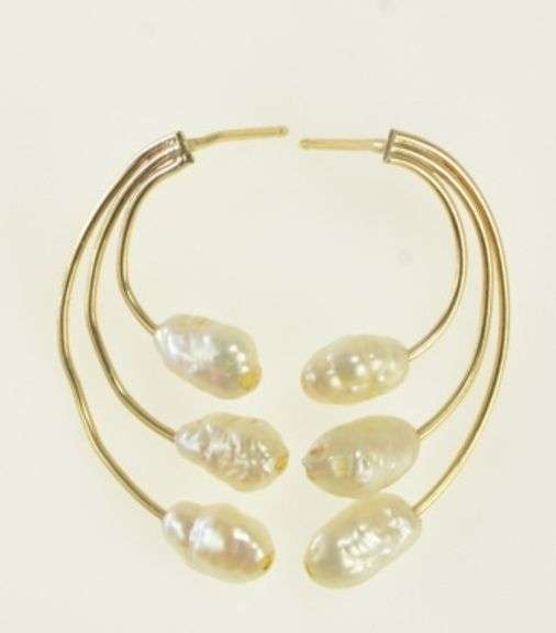 14K Yellow Gold Curved Pearl Fringe Drop Statement Earrings