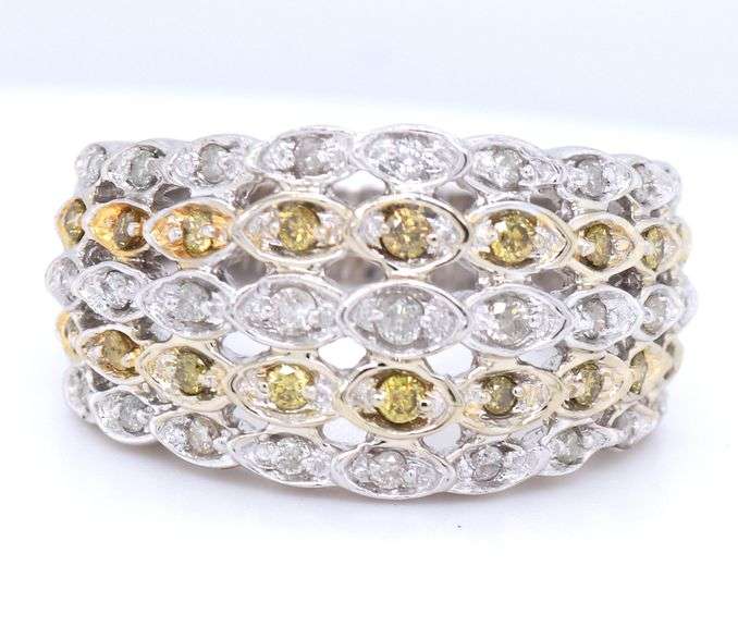 14kt White gold white and yellow diamond 5 row wide band