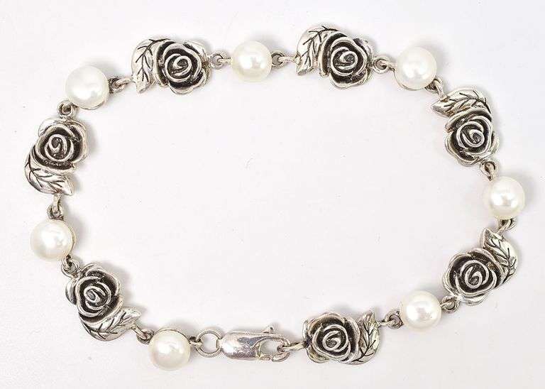 Darling Sterling Silver Rose and Pearl Bracelet