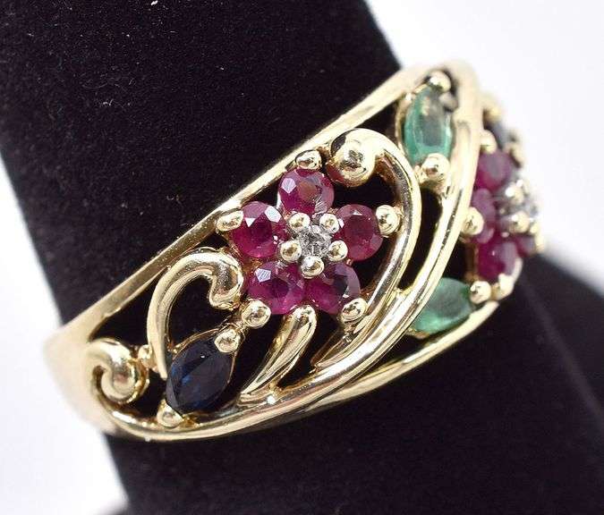 Beautiful 10K Yellow Gold Multi-Gemstone Flower Band Ring
