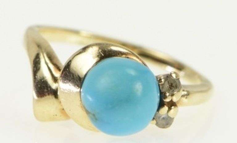10K Yellow Gold Turquoise Diamond Accent Vintage Sphere Ring
