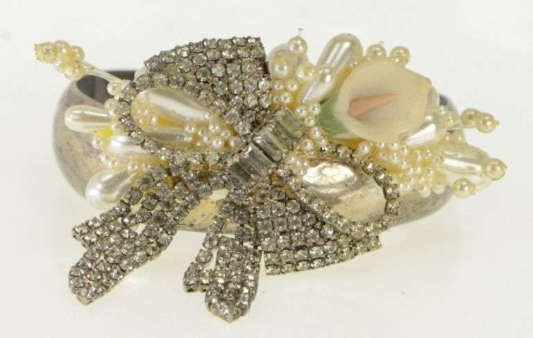 Sterling Silver 1950's Pearl Rhinestone Floral Bow Cuff Bracelet