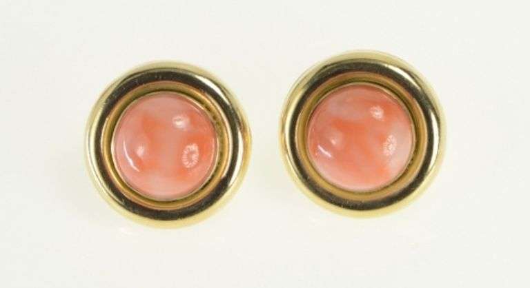 14K Yellow Gold Round Natural Coral Ornate Vintage Stud Earrings