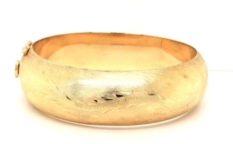 14kt Yellow gold Brushed finish wide floral bangle bracelet
