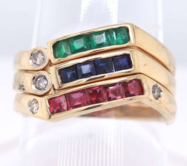 14kt Yellow gold Emerald, Sapphire and diamond stackable 3 rings