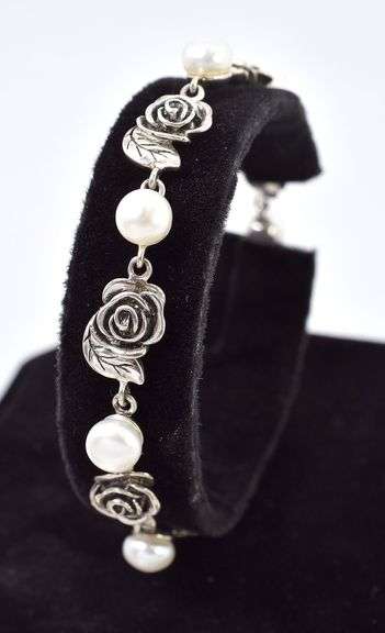 Darling Sterling Silver Rose and Pearl Bracelet