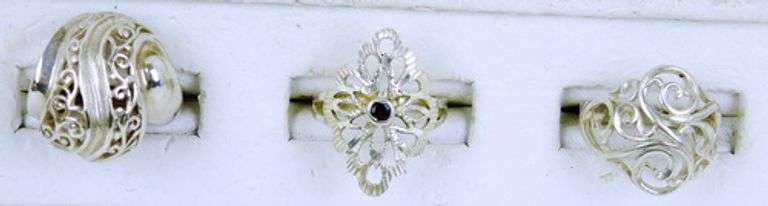 3 Sterling Silver Filigree Rings, 5.5 & 6.5