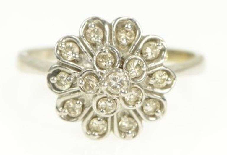 14K White Gold 1950's Floral Diamond Halo Cluster Cocktail Ring