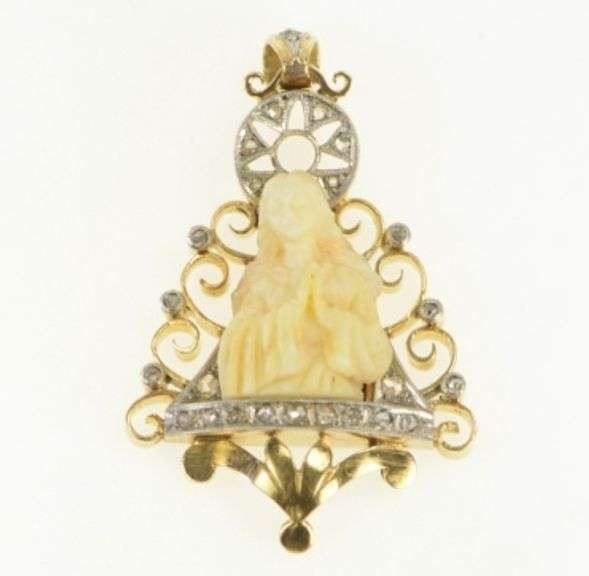 14K Yellow Gold 1850's Virgin Mary Diamond Antique Pendant