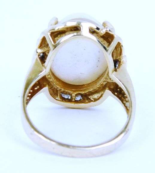 Vintage 14K Mabe Pearl & Diamonds Ring, Size 5.5