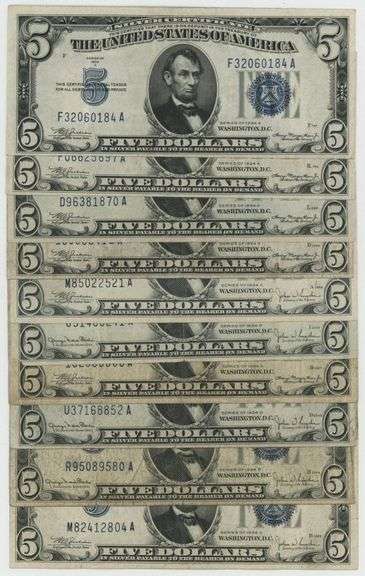 10 Nice Series of 1934 Small Size $5 Blue Seal Silver Certificates