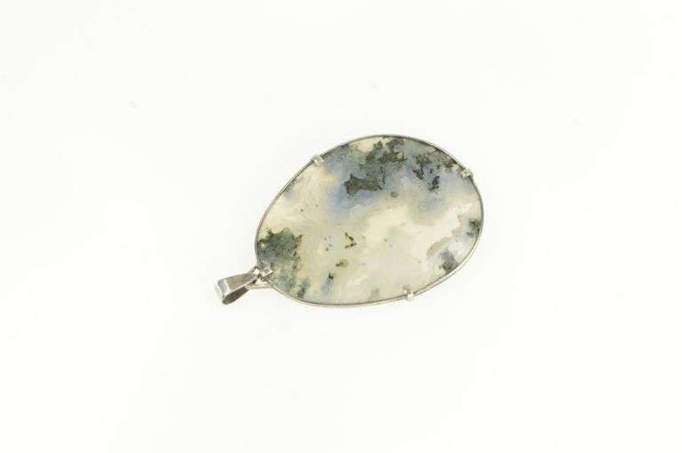 Sterling Silver Oval Moss Agate Palm Stone Bezel Pendant