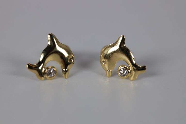 10k Yellow Gold Dolphin Stud Earrings w/ Clear CZ