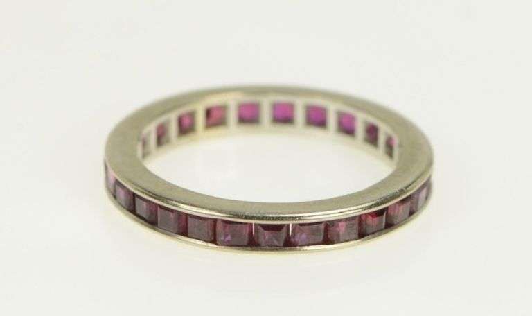 14K White Gold Art Deco Eternity Princess Ruby Wedding Band Ring