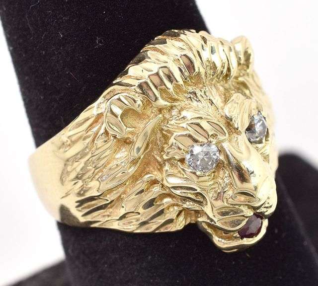 Mighty 14K Yellow Gold Lion Ring with Ruby and Diamond Gemstones