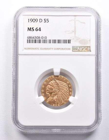 MS64 1909-D $5 Indian Head Gold Half Eagle NGC