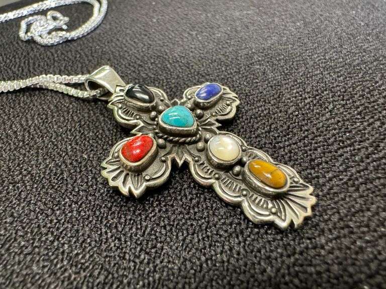 Sterling Silver Polished Black Agate Turquoise Abalone Pendant Cross Charm 925