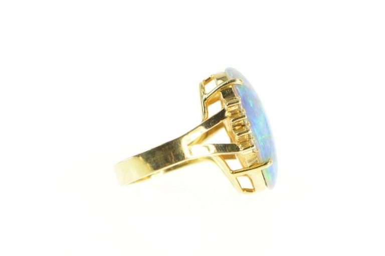 14K Yellow Gold Large Natural Opal Diamond Accent Cocktail Ring
