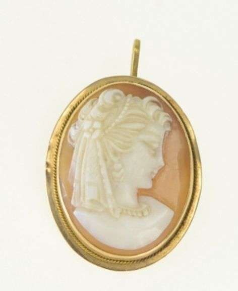 14K Yellow Gold Victorian Carved Veiled Lady Cameo Pendant/Pin