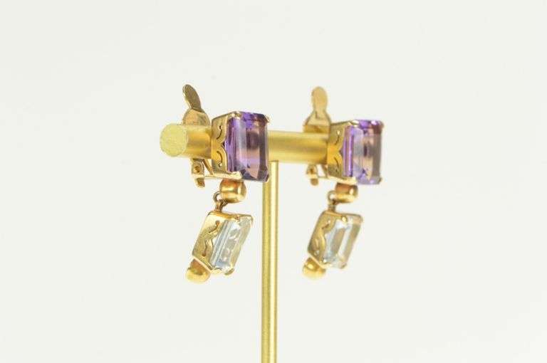 14K Yellow Gold Emerald Cut Amethyst Blue Topaz Dangle Clip Earrings