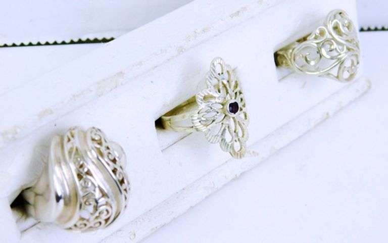 3 Sterling Silver Filigree Rings, 5.5 & 6.5