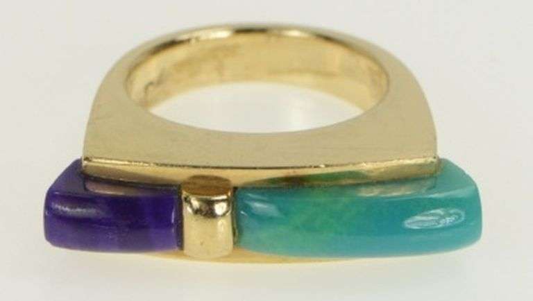 14K Yellow Gold Turquoise Sugilite Squared Unique Modernist Ring