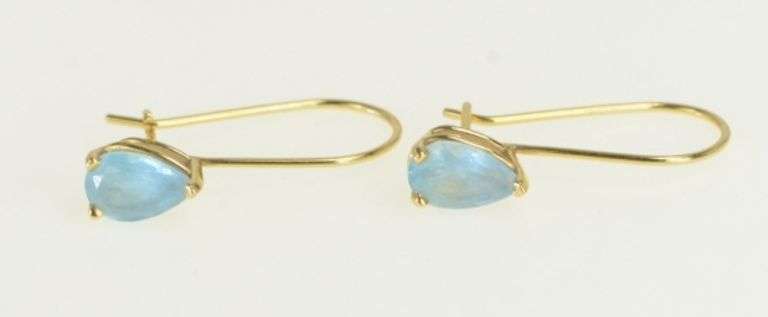 14K Yellow Gold Pear Blue Topaz Solitaire Dangle Hook Earrings