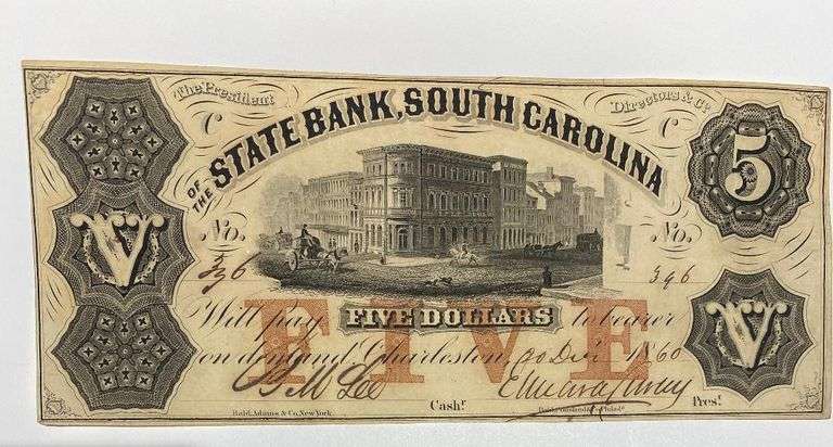 $ 5 Near Unc State Bank of South Carolina Charleston Oct 20 1860 Note