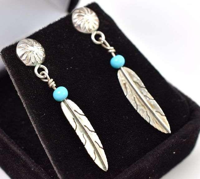 Dazzling 925 Turquoise Gemstone Feather Dangle Earrings