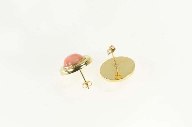 14K Yellow Gold Round Natural Coral Ornate Vintage Stud Earrings