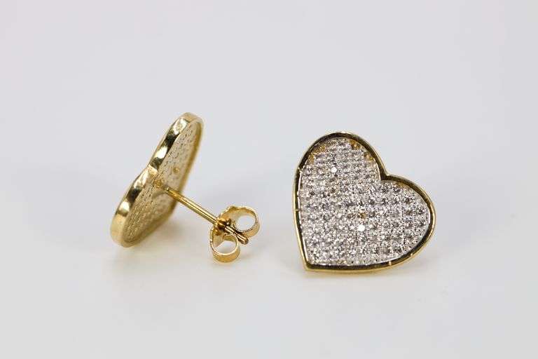 10k Yellow Gold Micro Pave White CZ Heart Love Stud Earrings