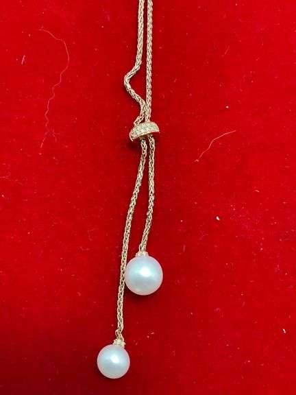 BRAND NEW 14K ROSE GOLD DIAMOND AND PEARL BOLO NECKLACE