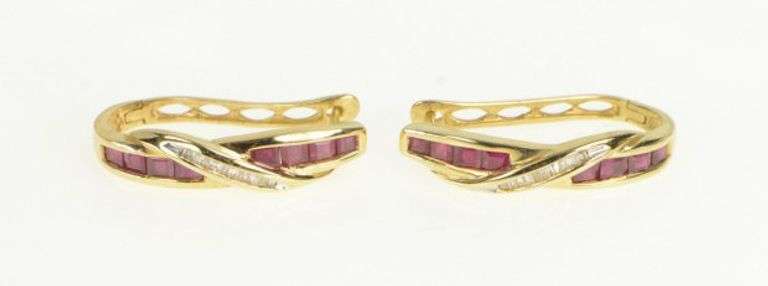 10K Yellow Gold 2.20 Ctw Natural Ruby Diamond Oval Hoop Earrings