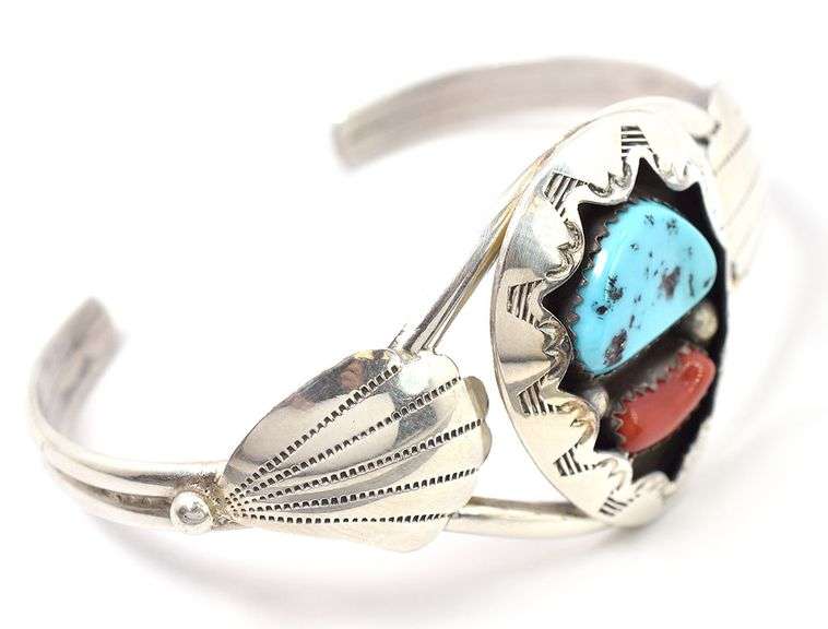 Mesmerizing 925 Navajo Turquoise and Coral Gemstone Cuff Bracelet made by Teddy Goodluck SR.